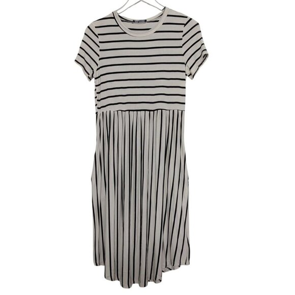 Simier Fariry Stripe Dress Womens Size Medium White A Line Stretch Short Sleeve - Picture 1 of 9